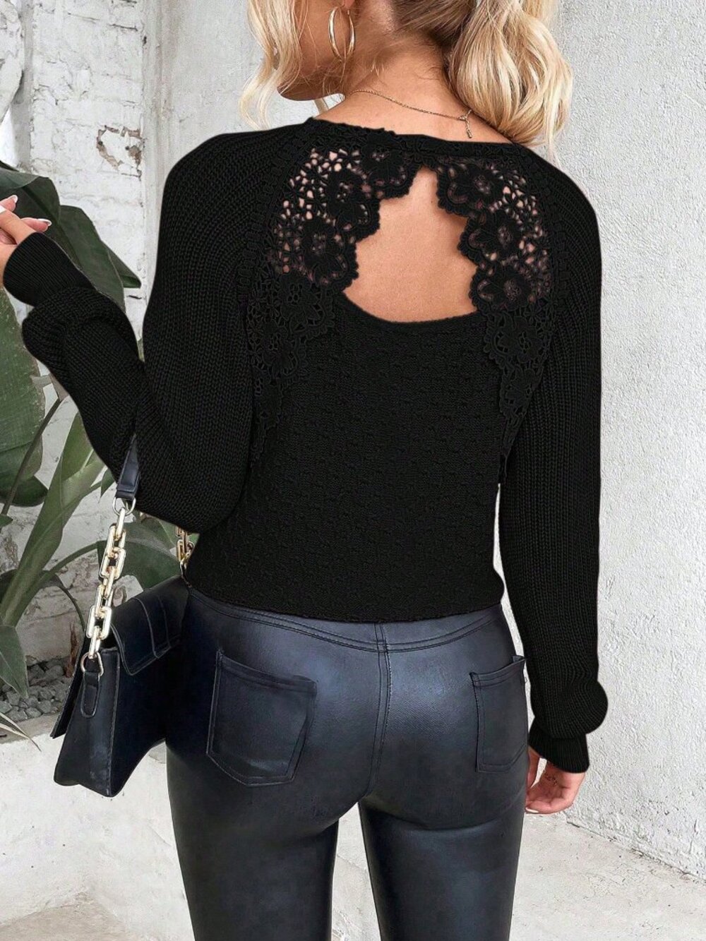 Black Casual Women's Contrast Lace Raglan V Neck Long Sleeve Pullover